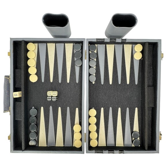 na Other - Backgammon Set Black White Checkers Grey Leatherette Case Complete Rules VTG